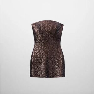 MANGO Brown Strapless Sequin Mini Dress
